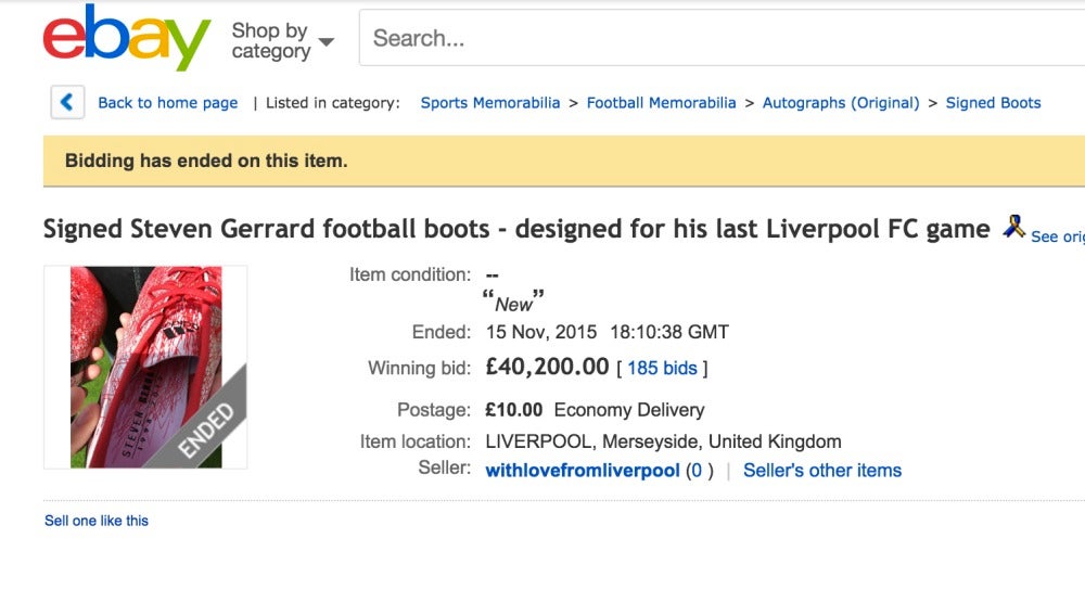 Las últimas botas de Gerrard con el Liverpool, vendidas por más de 40.000 libras