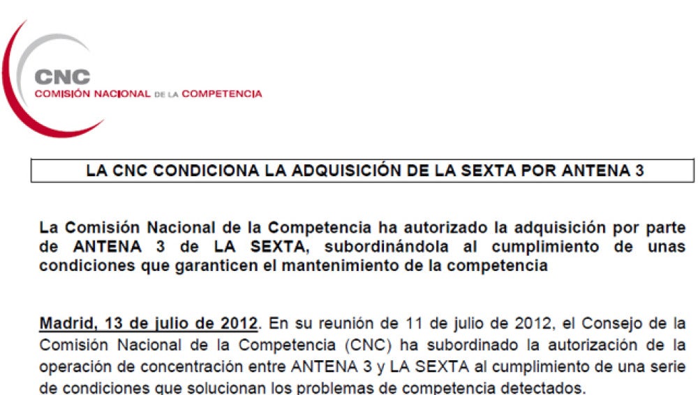 Nota de prensa de la CNC
