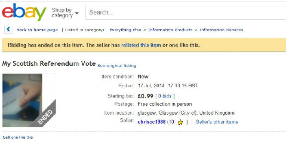 Voto escocés a la venta por eBay