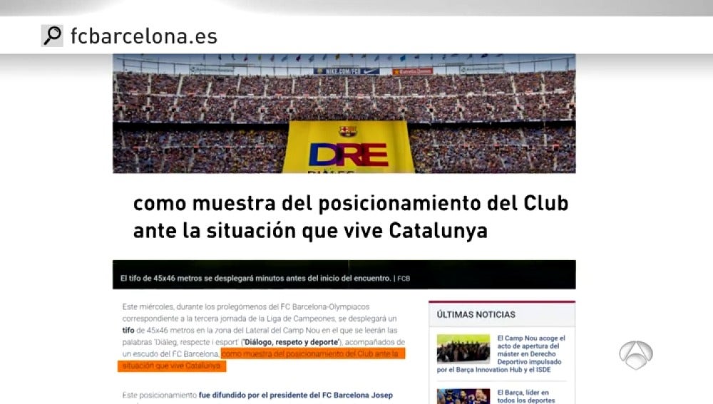 El Barcelona exhibirá un tifo ante Olympiacos con el lema 'Diálogo, respeto y deporte'