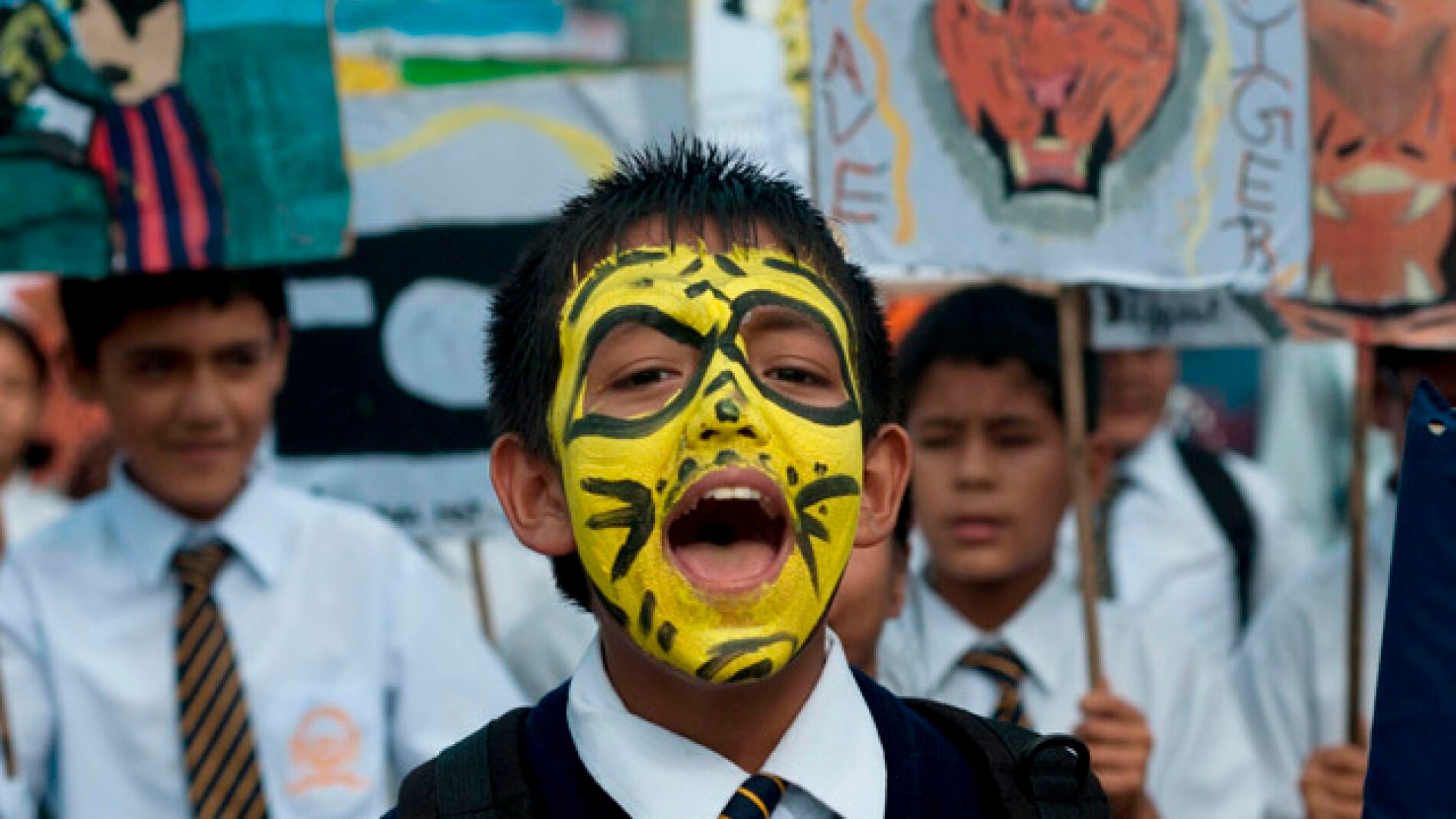 Un estudiante con la cara pintada de "tigre"