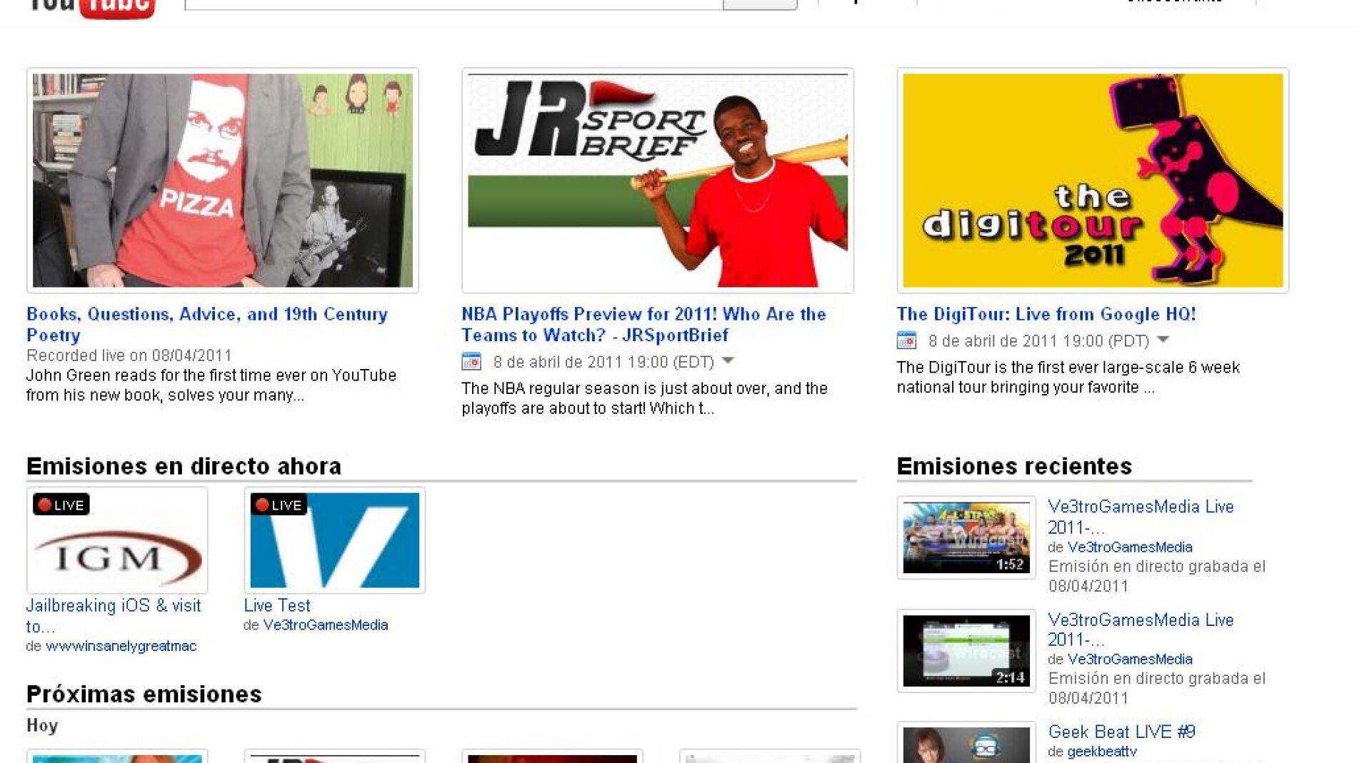 Youtube, en directo