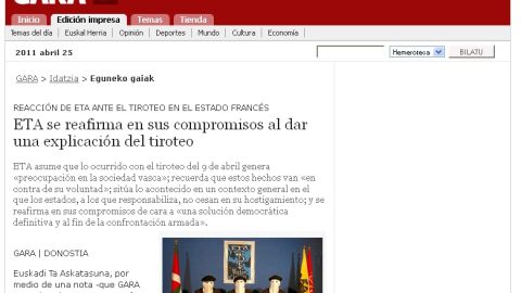 Comunicado de ETA en el diario GARA
