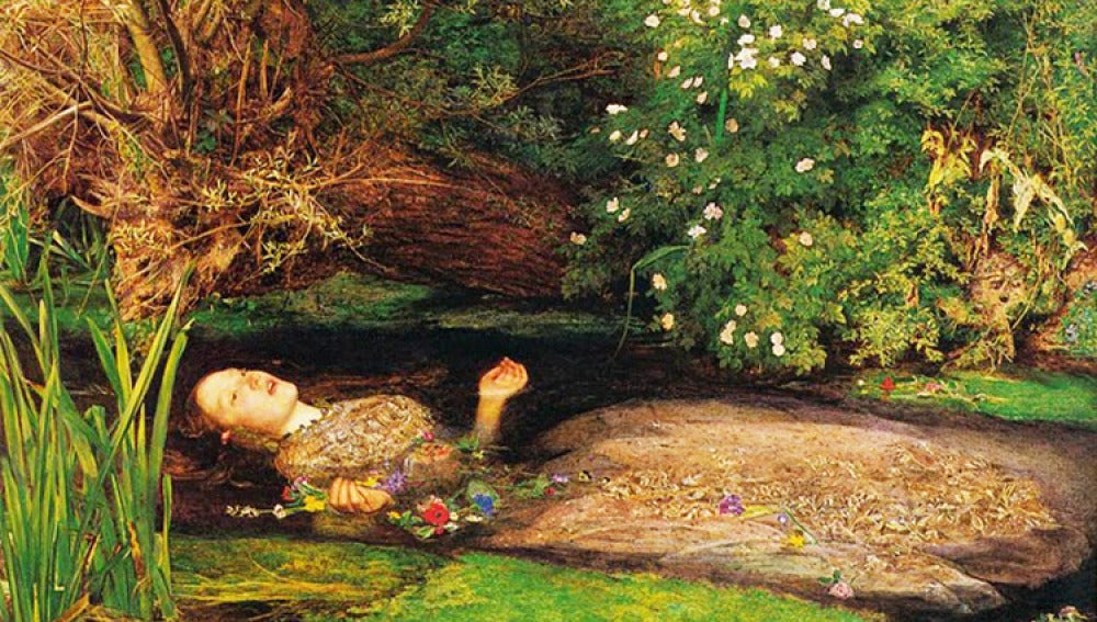Así imagina el pintor,John Everett Millais, la muerte de Ofelia.