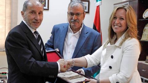 Trinidad Jim&eacute;nez, durante el encuentro que ha mantenido esta ma&ntilde;ana con el presidente del Consejo Nacional de Transici&oacute;n 