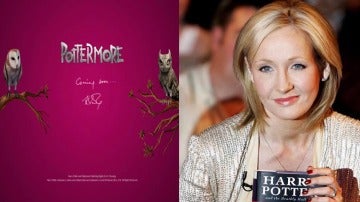 La escritora J.K.Rowling junto a la web promocional de su nuevo proyecto.