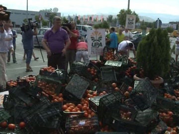 Agricultores tiran tomates en la calle