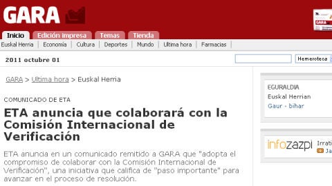 P&aacute;gina web del peri&oacute;dico Gara en la que se hace efectivo el anuncio.