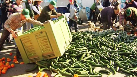 Los agricultores arrojan un caj&oacute;n repleto de hortalizas.