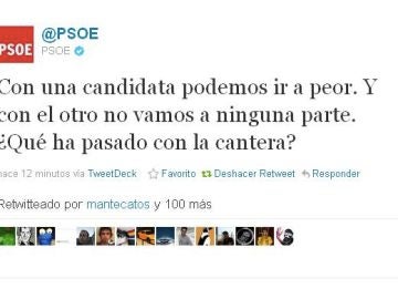 Un 'hacker' ataca la cuenta del PSOE en twitter con críticas a los candidatos Un 'hacker' ataca la cuenta del PSOE en twitter con críticas a los candidatos
