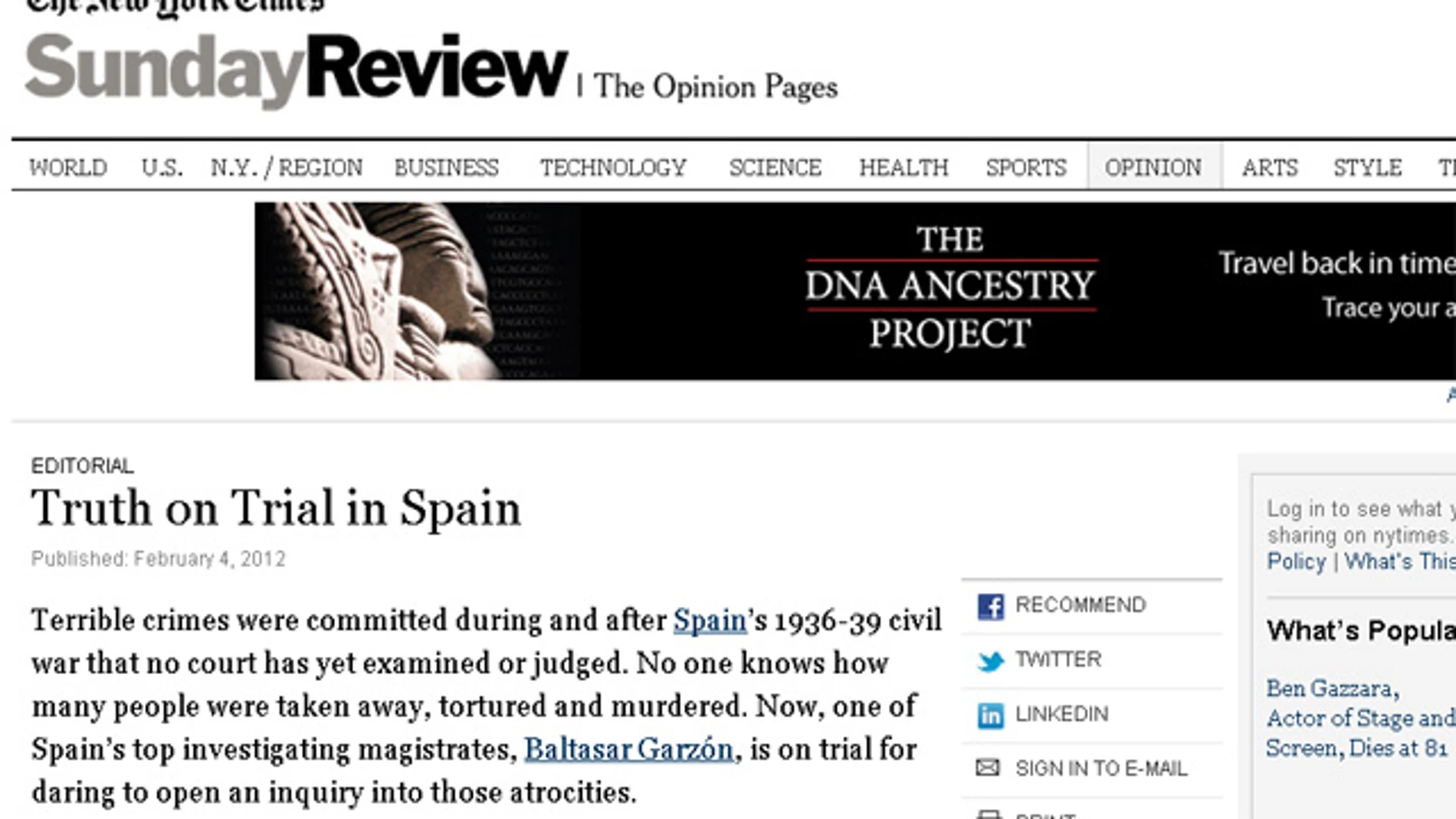 Editorial del New York Times "La verdad, a juicio en España" Editorial del New York Times "La verdad, a juicio en España"