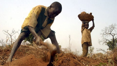 Imagen de archivo de dos ni&ntilde;os trabajando en el campo en Nigeria.