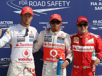 Button, Hamilton y Massa 