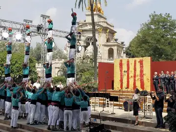 Los castellers de Vilafranca construyeron cuatro castillos simulando las cuatro barras de la bandera catalana Los castellers de Vilafranca construyeron cuatro castillos simulando las cuatro barras de la bandera catalana