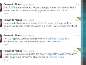 Mensajes de Fernando Alonso en su 'Twitter' tras la renovación de Felipe Massa por Ferrari