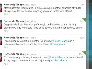 Mensajes de Fernando Alonso en su 'Twitter' tras la renovación de Felipe Massa por Ferrari Mensajes de Fernando Alonso en su 'Twitter' tras la renovación de Felipe Massa por Ferrari