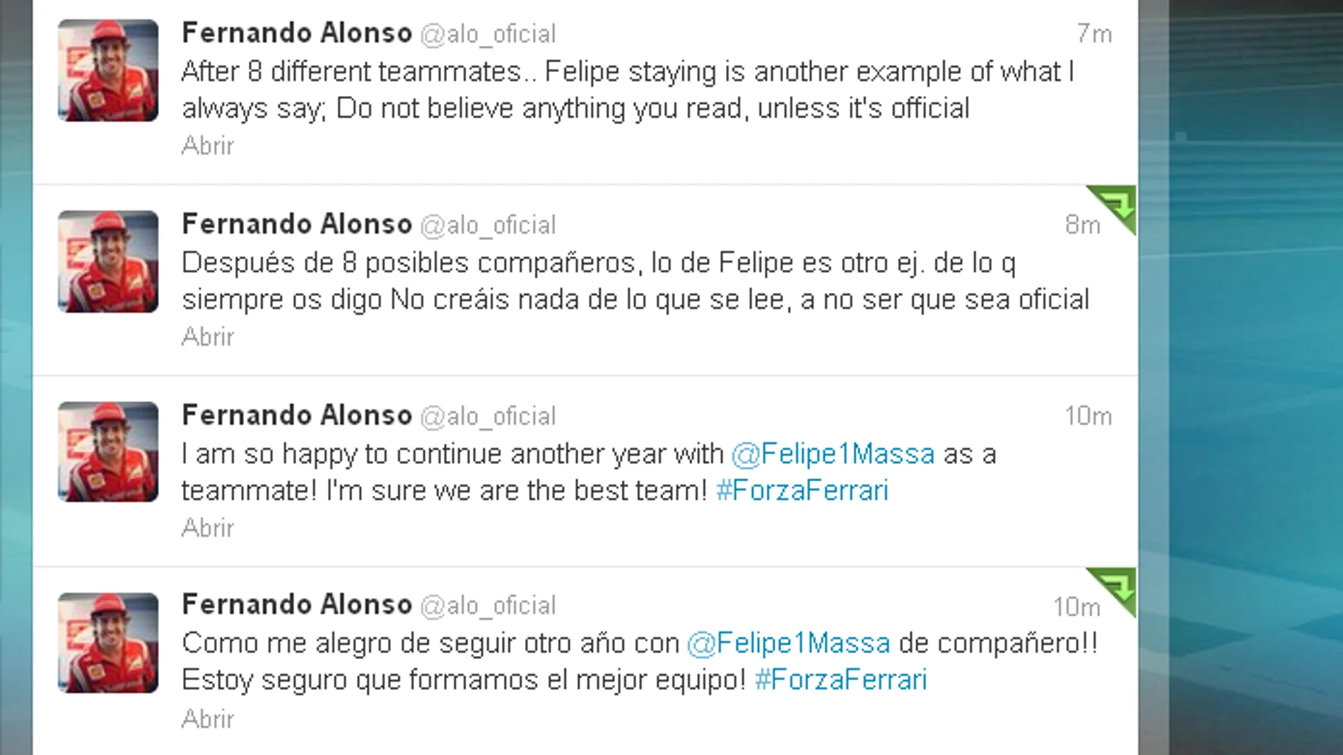 Mensajes de Fernando Alonso en su 'Twitter' tras la renovación de Felipe Massa por Ferrari