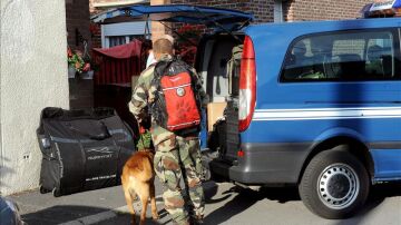 Un miembro de la Gendarmería francesa entra con un perro rastreador a una casa cerca de Lille