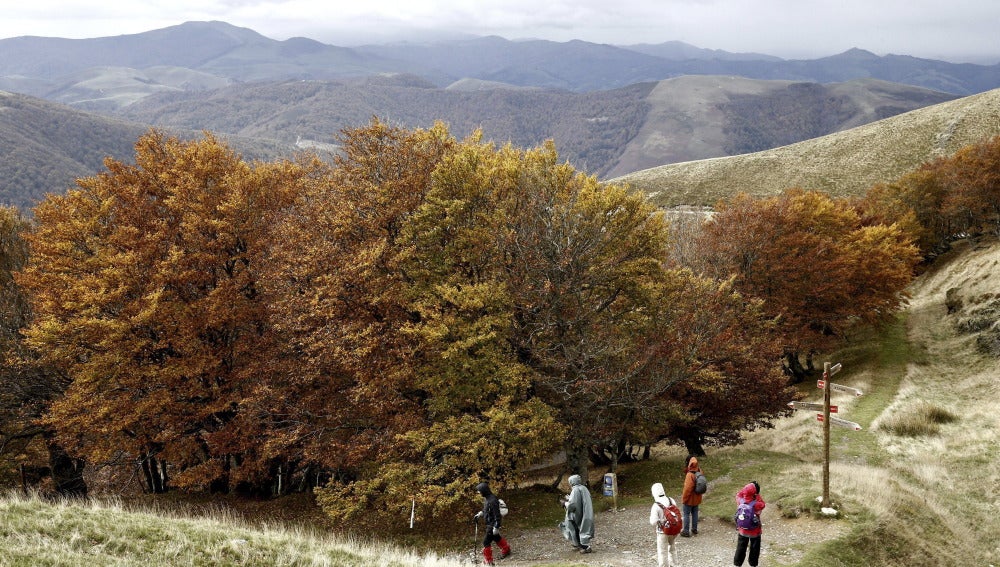 Varios peregrinos en el alto de Ibañeta (Navarra) en una jornada en la que han descendido las temperaturas de forma considerable