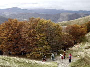 Varios peregrinos en el alto de Ibañeta (Navarra) en una jornada en la que han descendido las temperaturas de forma considerable