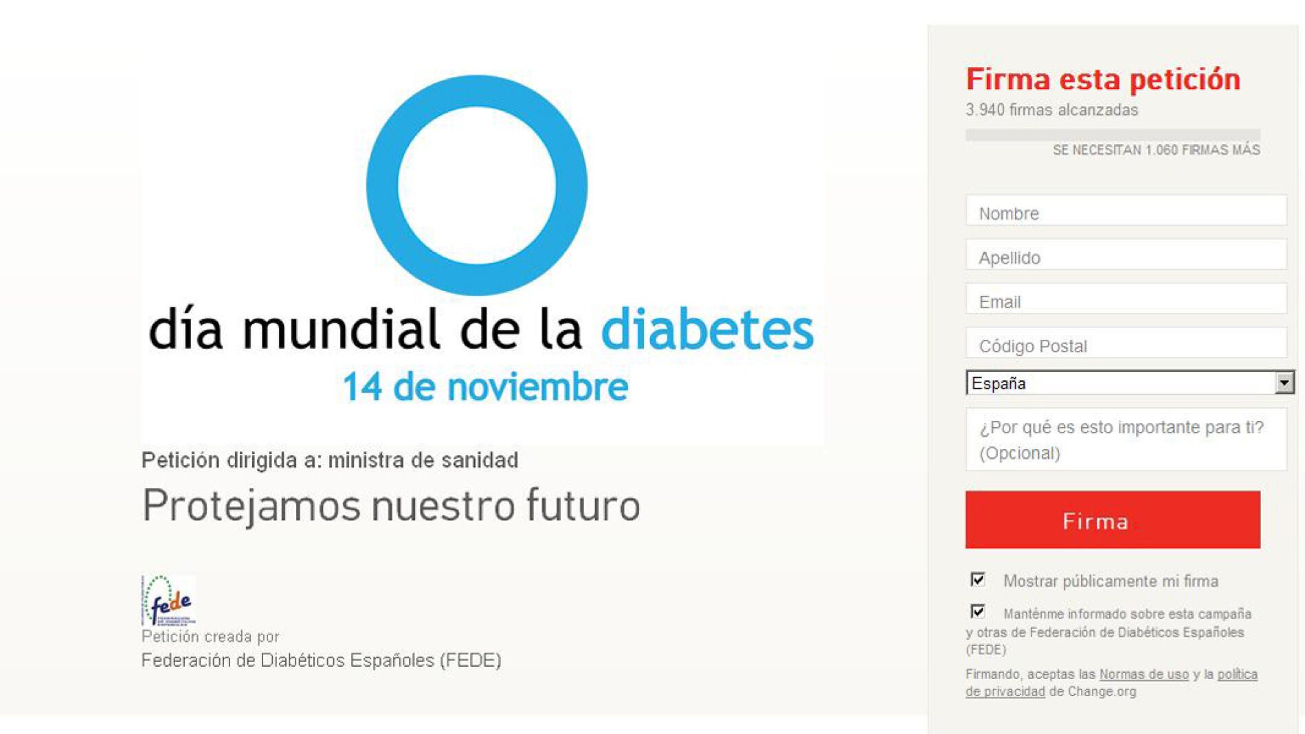 Recogida de firmas para la prevenci&oacute;n de la diabetes