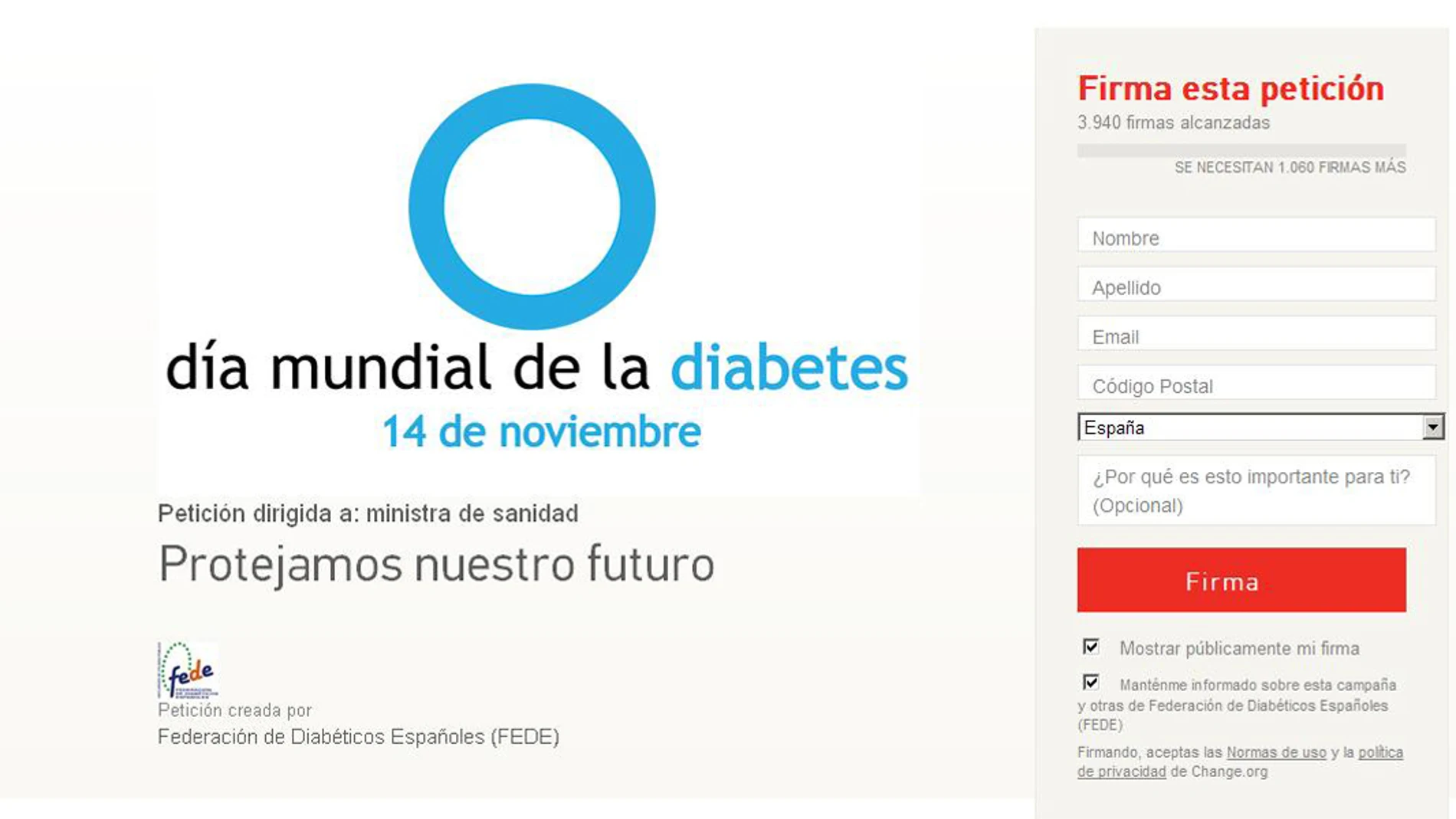 Recogida de firmas para la prevención de la diabetes Recogida de firmas para la prevención de la diabetes