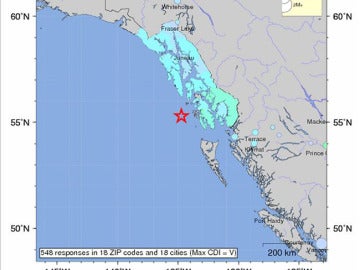 Imagen que muestra la intensidad del seísmo en la costa de Alaska.