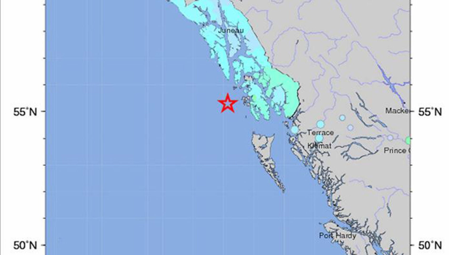 Imagen que muestra la intensidad del se&iacute;smo en la costa de Alaska.