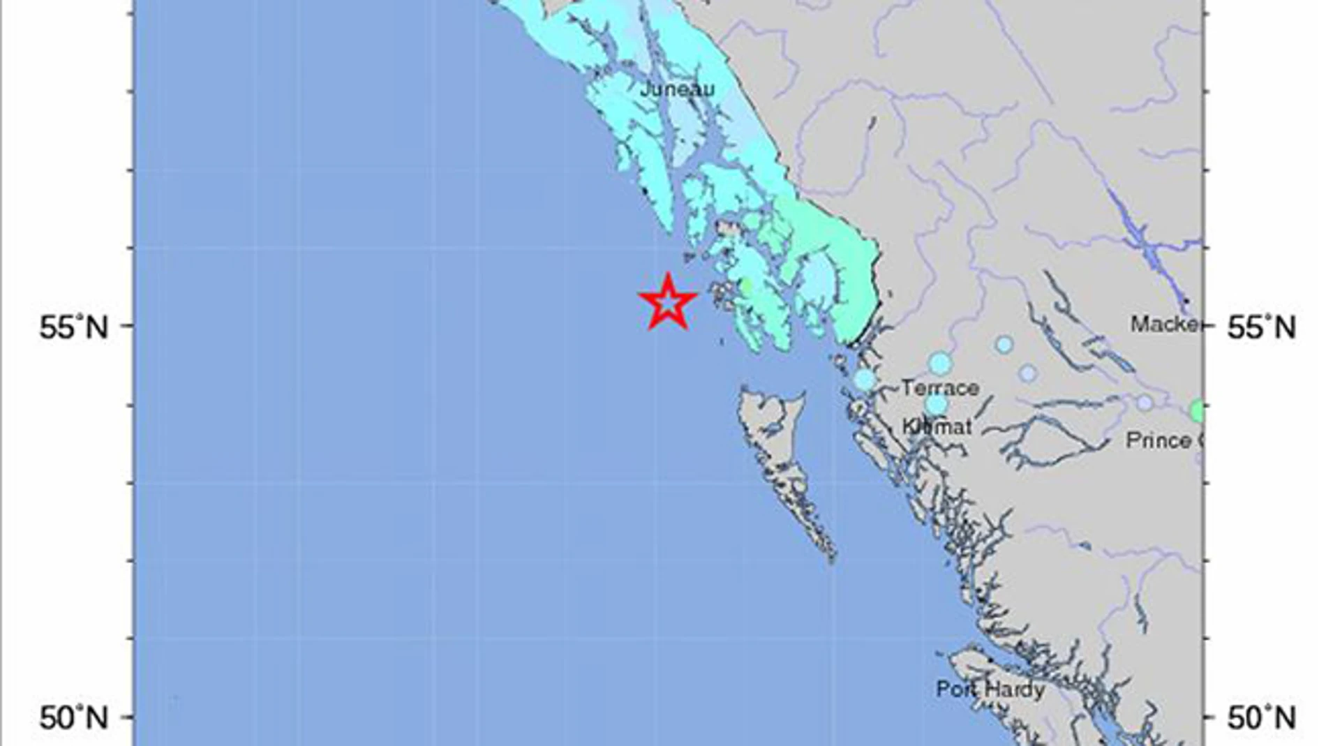 Imagen que muestra la intensidad del seísmo en la costa de Alaska. Imagen que muestra la intensidad del seísmo en la costa de Alaska.