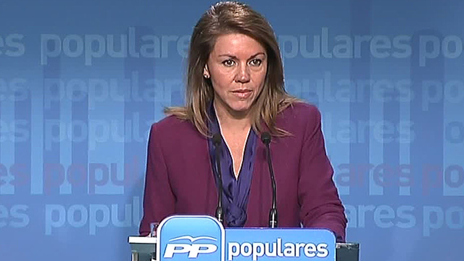 Mar&iacute;a Dolores de Cospedal, en rueda de prensa en la sede del PP