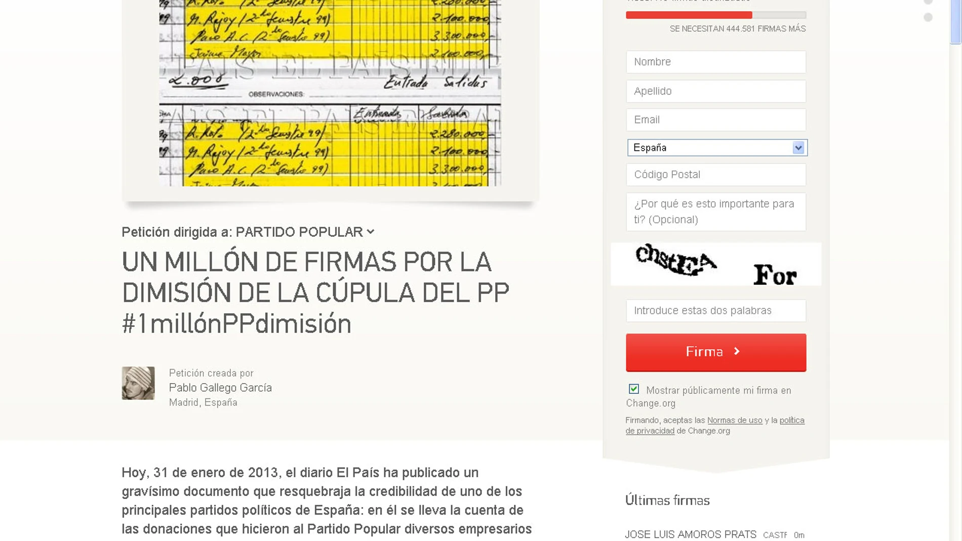 Pantallazo de la web en la que se pide la dimisión de Rajoy Pantallazo de la web en la que se pide la dimisión de Rajoy