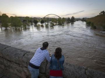 Varias personas observan la crecida del río Guadiana, a su paso por Mérida