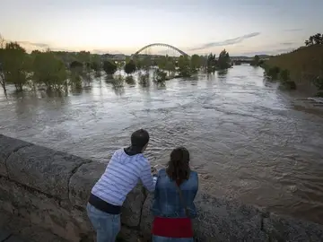 Varias personas observan la crecida del río Guadiana, a su paso por Mérida Varias personas observan la crecida del río Guadiana, a su paso por Mérida