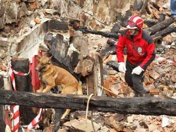 Un miembro de Unidad de Rescate busca posibles víctimas entre los escombros de una casa de Bermeo