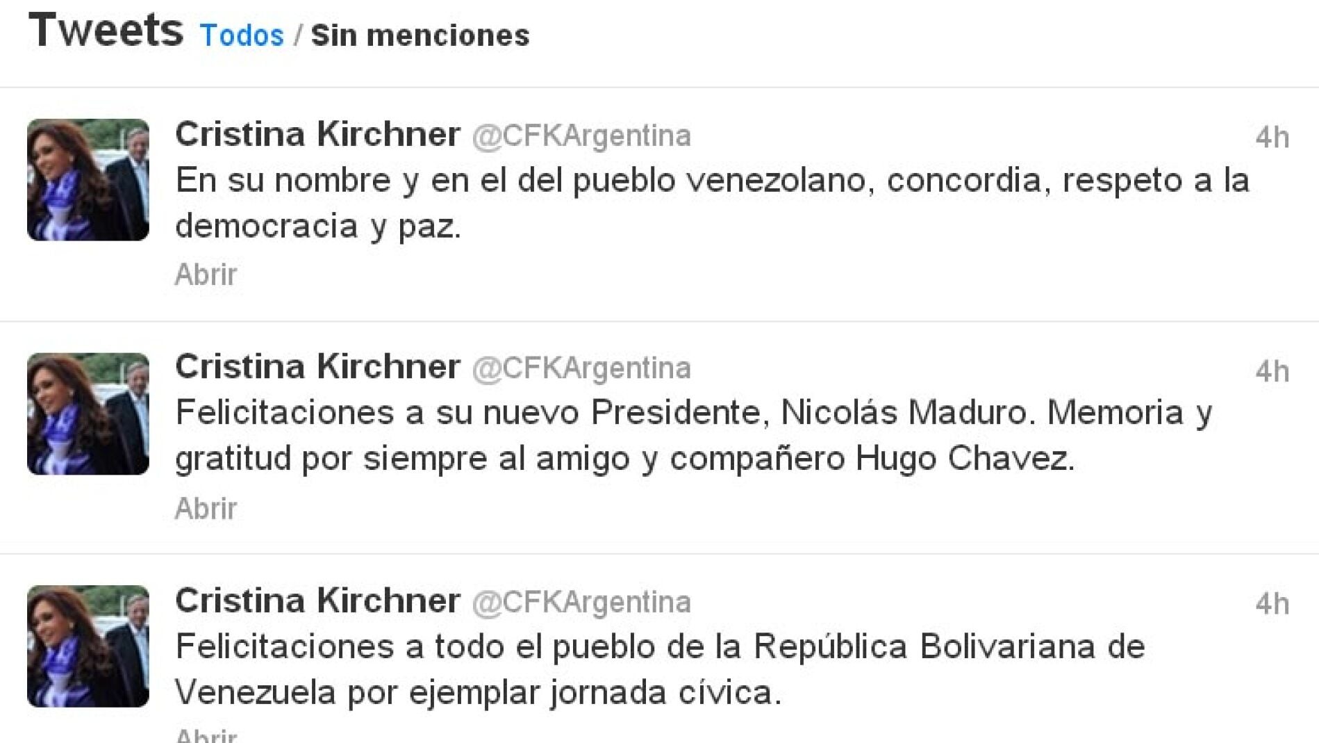 Kirchner felicita a Maduro