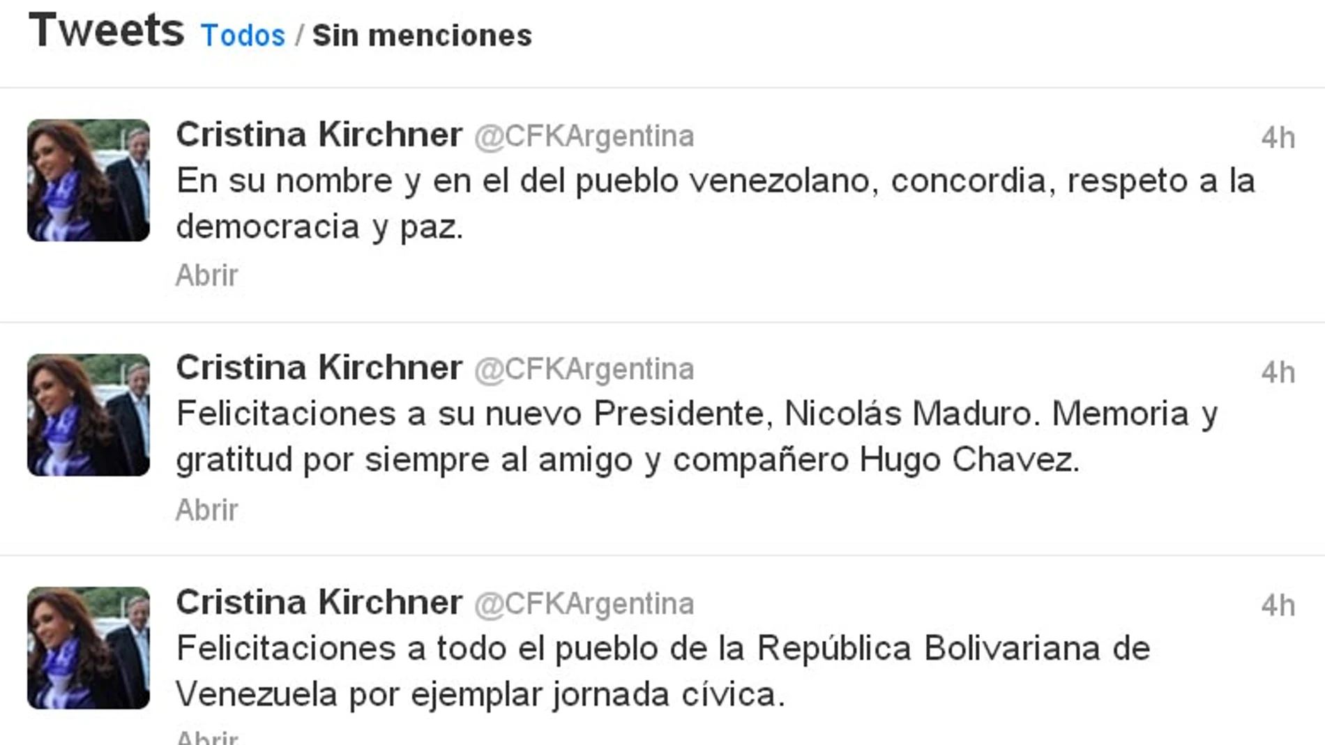 Kirchner felicita a Maduro Kirchner felicita a Maduro