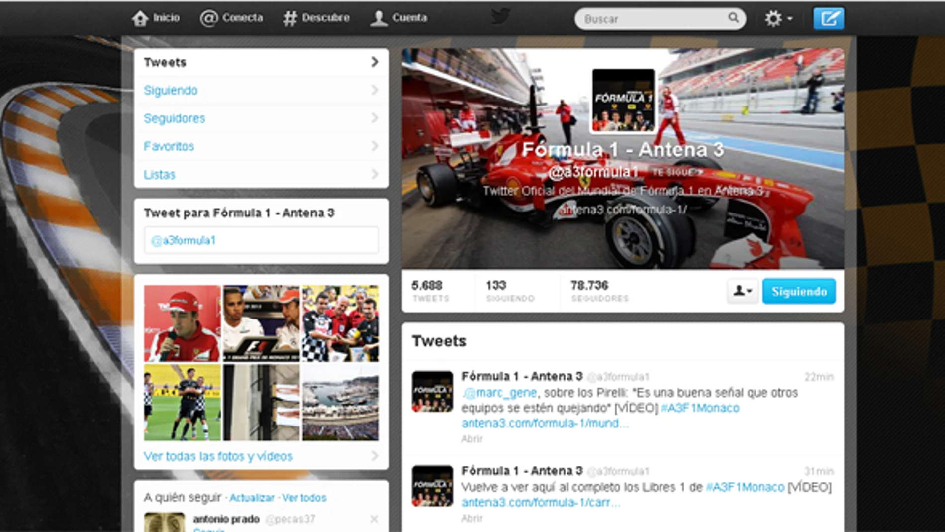 Twitter de Fórmula 1 para comentar el #A3F1Monaco.