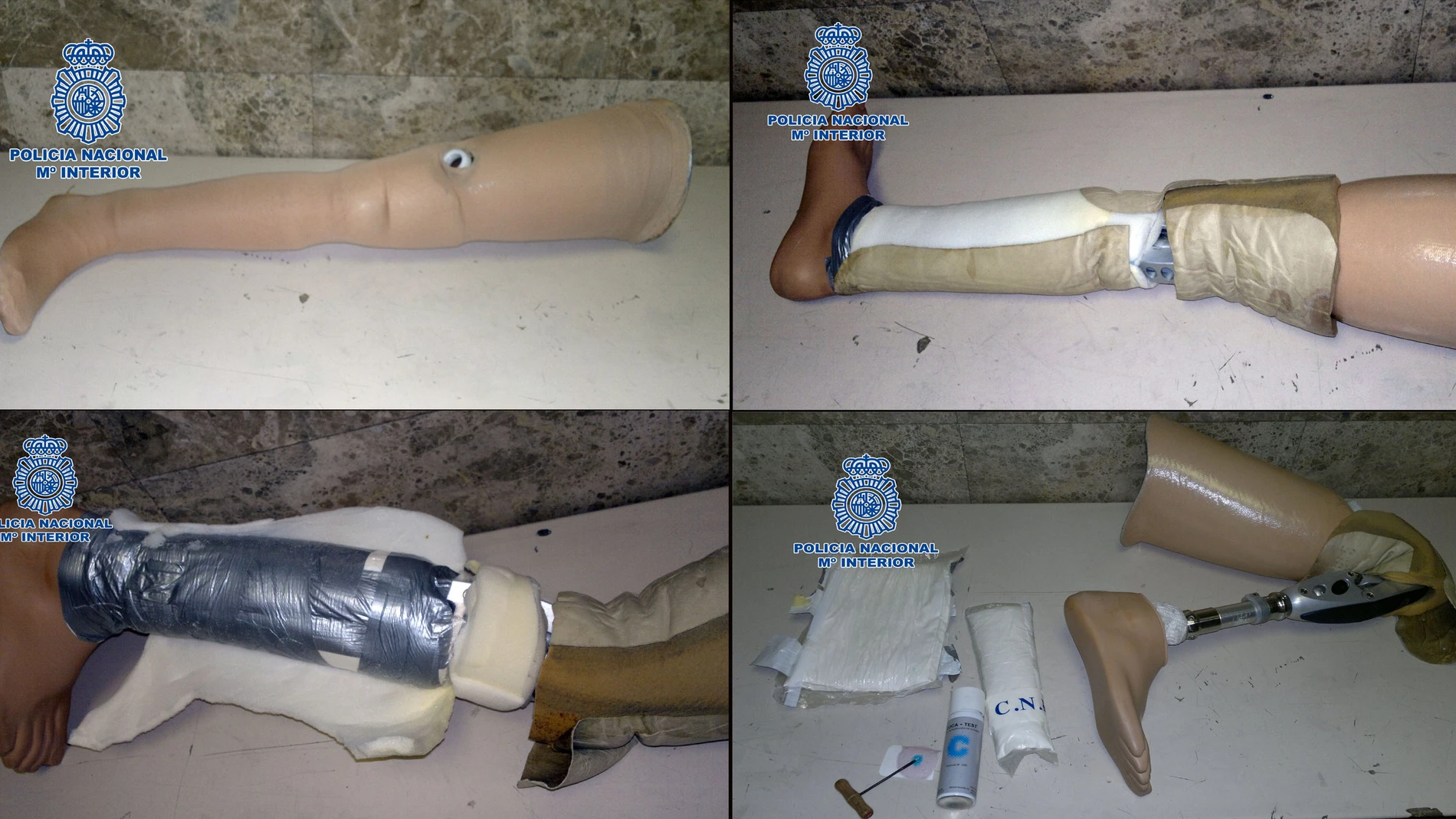 Droga incautada en una pierna ortopédica Droga incautada en una pierna ortopédica
