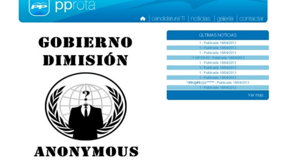 Página web del PP de la localidad de Rota hackeada por Anonymous