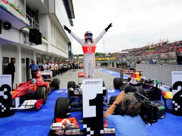 Button, Vettel y Alonso en el GP de Hungría.