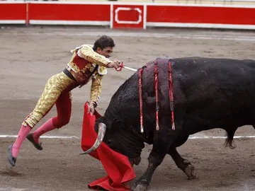 El matador de toros Alberto Aguilar, entrando a matar a su segundo enemigo El matador de toros Alberto Aguilar, entrando a matar a su segundo enemigo