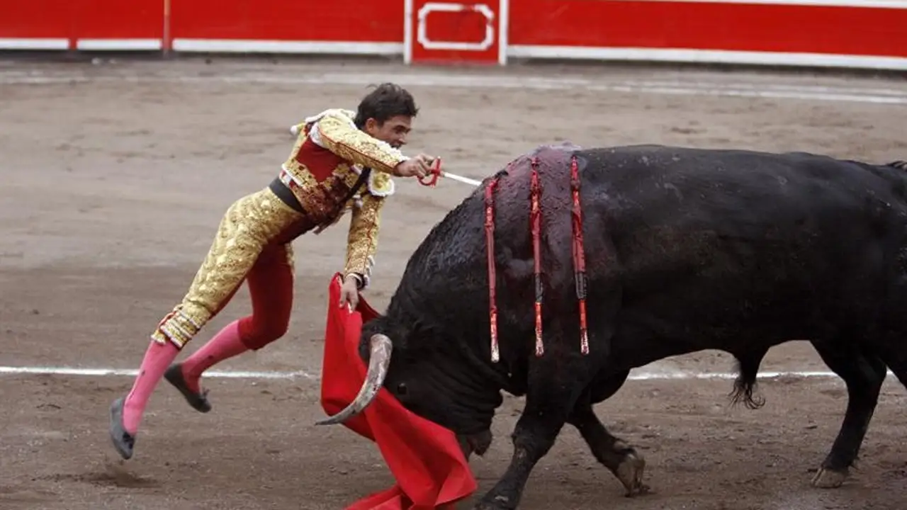 El matador de toros Alberto Aguilar, entrando a matar a su segundo enemigo