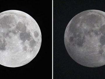 Imagen de un eclipse lunar, a la izquierda, comparado con el eclipse de este viernes, a la derecha