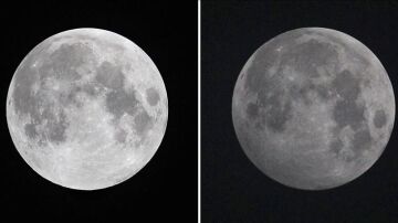 Imagen de un eclipse lunar, a la izquierda, comparado con el eclipse de este viernes, a la derecha