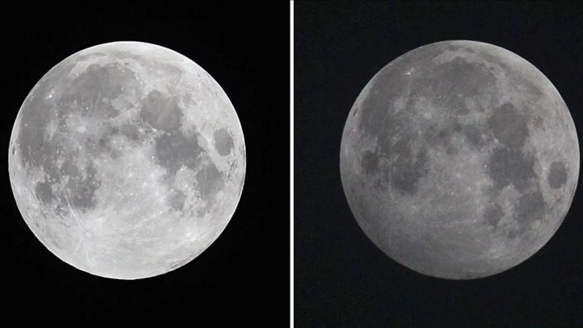 Imagen de un eclipse lunar, a la izquierda, comparado con el eclipse de este viernes, a la derecha Imagen de un eclipse lunar, a la izquierda, comparado con el eclipse de este viernes, a la derecha