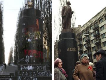 El retrete dorado que los manifestantes han colocado en lugar de la estatua de Lenin.