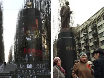 El retrete dorado que los manifestantes han colocado en lugar de la estatua de Lenin. El retrete dorado que los manifestantes han colocado en lugar de la estatua de Lenin.
