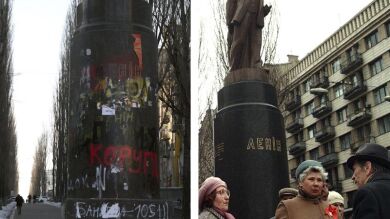 Los manifestantes de Kiev cambian la estatua de Lenin por un retrete dorado