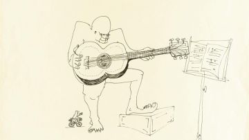 Dibujo de John Lennon de un guitarrista con 4 ojos a tinta.