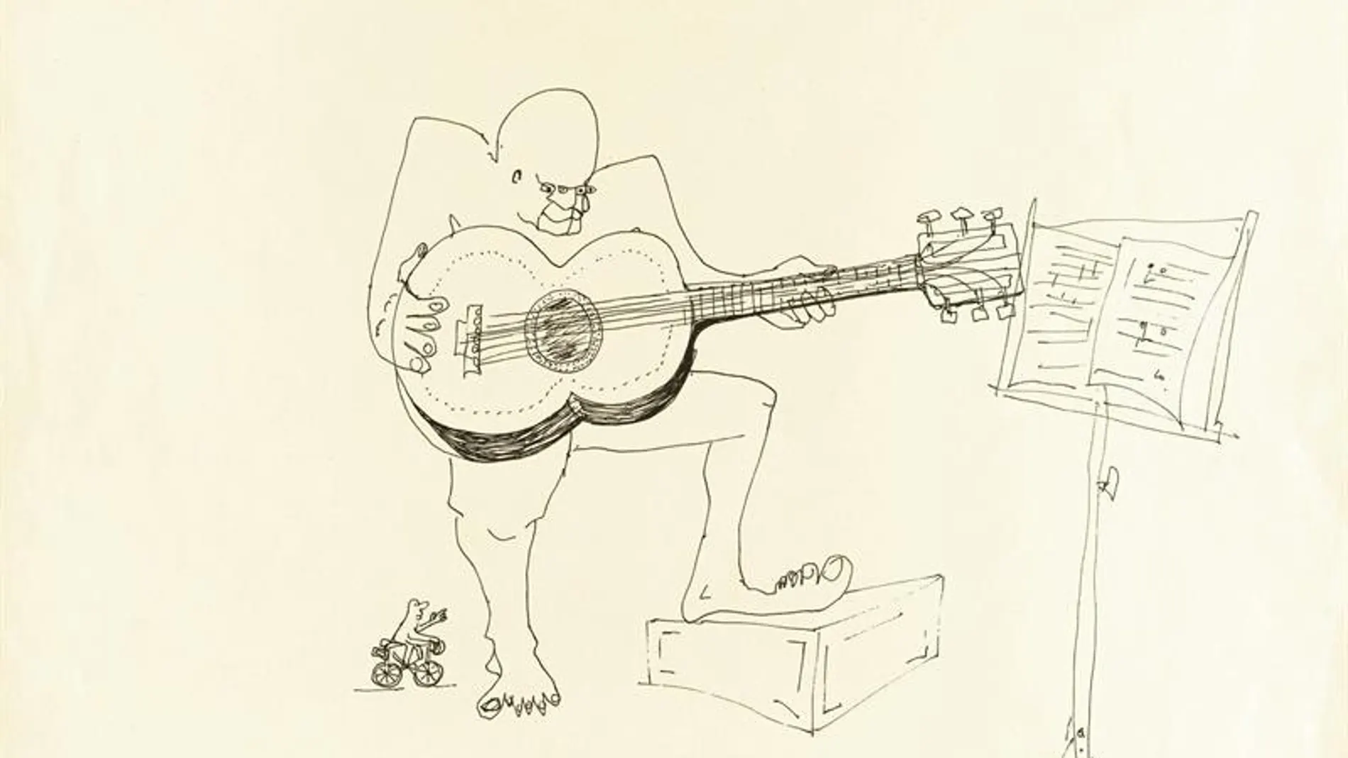Dibujo de John Lennon de un guitarrista con 4 ojos a tinta. Dibujo de John Lennon de un guitarrista con 4 ojos a tinta.